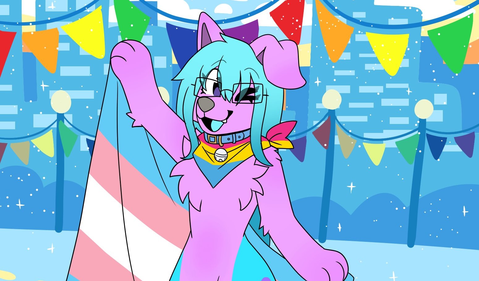 Maddi's fursona/theriotype holding the trans pride flag